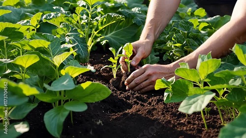 Hands Planting Young Seedlings in Fertile Soil on a Sunny Day, Surrounded by Vibrant Green Plants in a Garden

 photo