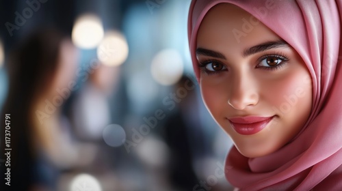 Wallpaper Mural A young Muslim woman wearing a soft pink hijab smiles warmly, embodying serenity and devotion during the sacred month of Ramadan in a bustling social setting Torontodigital.ca