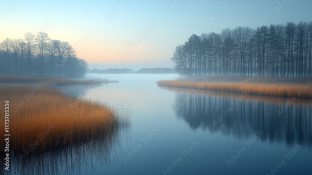 Fototapeta premium Tranquil Autumn Lake at Dawn with Mist