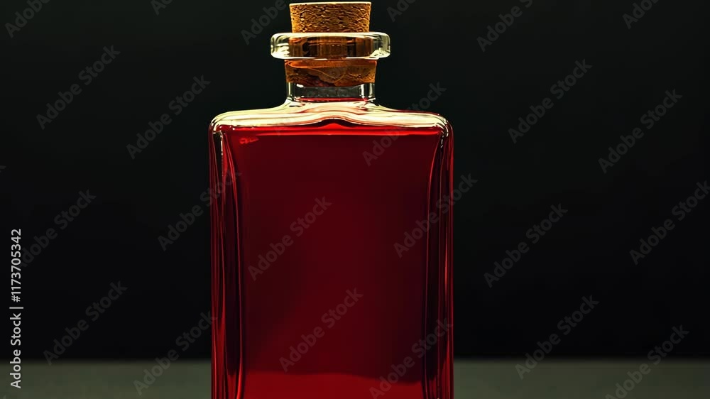 Elegant glass bottle filled with deep red liquid resting on a dark surface with a cork stopper