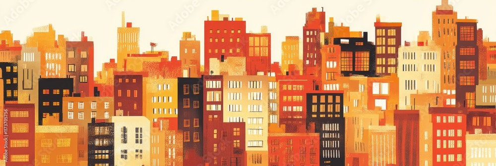 Obraz premium Warm Hues Cityscape Illustration - Abstract hand-drawn cityscape, warm color palette, urban density, architectural diversity, sunset glow. Symbolizes growth, community, ambition, and modern life.