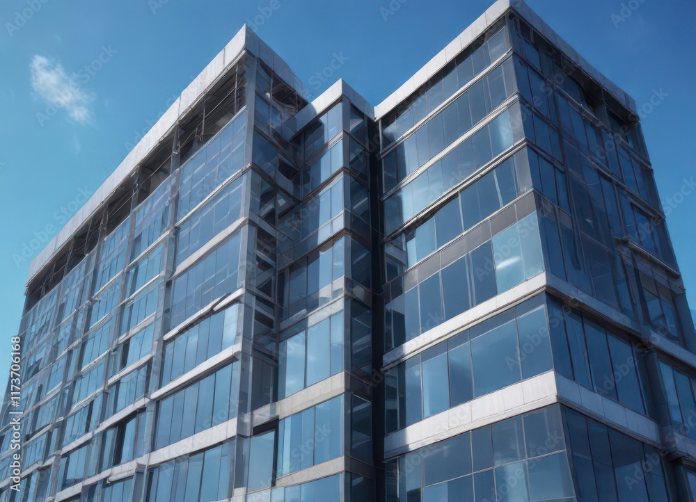 Office building with modern architecture against a clear blue sky, office space, skyscraper Office building with modern architecture against a clear blue sky, office space, skyscraper