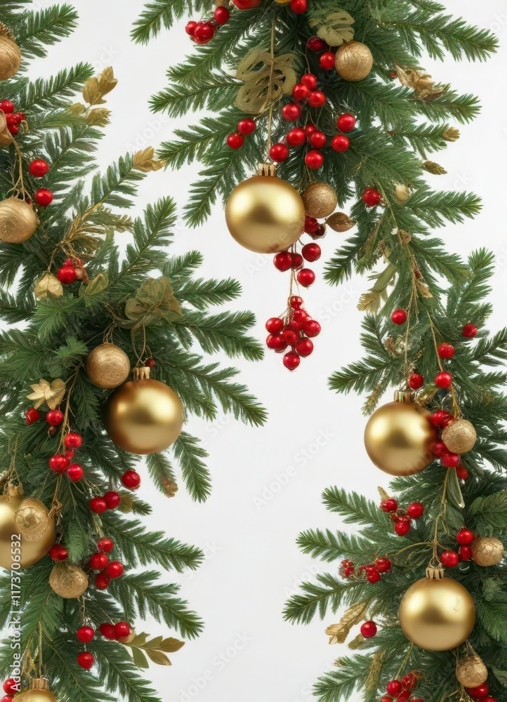 Fototapeta premium Ornamented evergreen branches with hanging gold ornaments and red berries isolated on a white background , snowflake, christmas