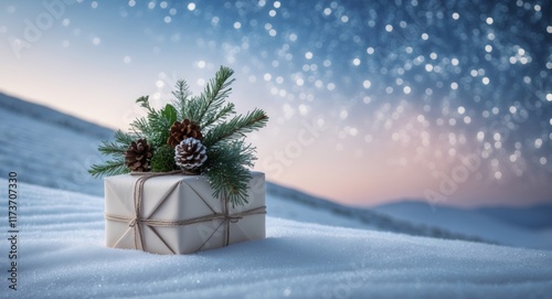 A neatly wrapped gift with natural decorations on a quiet snowy hill overlooking the horizon under a sky filled with vibrant stars photo