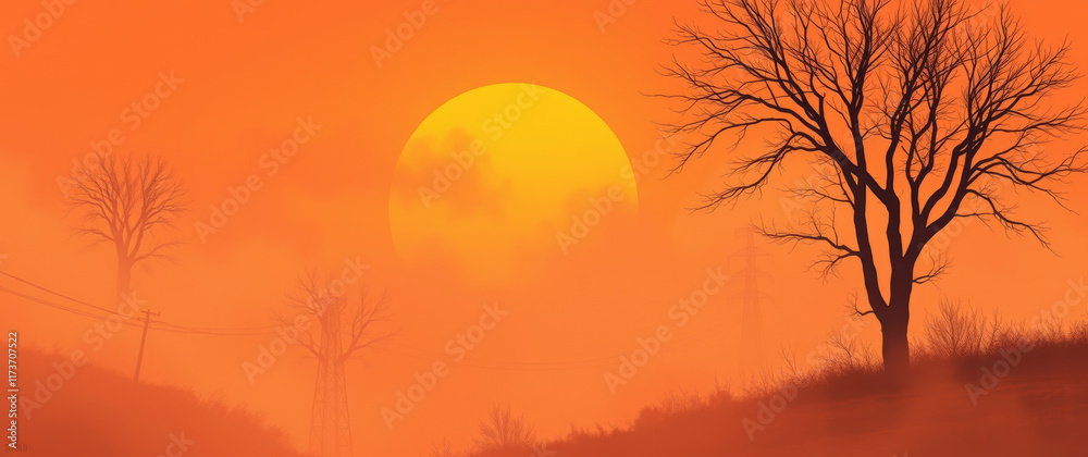 Obraz premium Orange sunset illuminating bare trees in foggy landscape