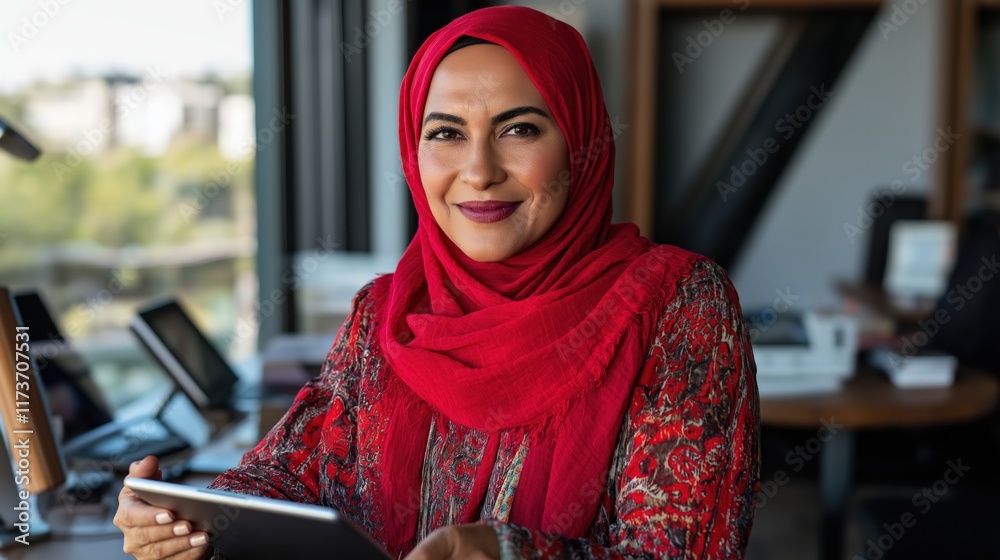 With a bright smile, a Muslim woman in a vibrant hijab engages with her surroundings at a contemporary workspace. The spirit of Ramadan enriches the atmosphere, highlighting faith and community With a bright smile, a Muslim woman in a vibrant hijab engages with her surroundings at a contemporary workspace. The spirit of Ramadan enriches the atmosphere, highlighting faith and community