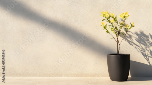 Small yellow flowering plant in a black pot against a light beige wall with shadows.