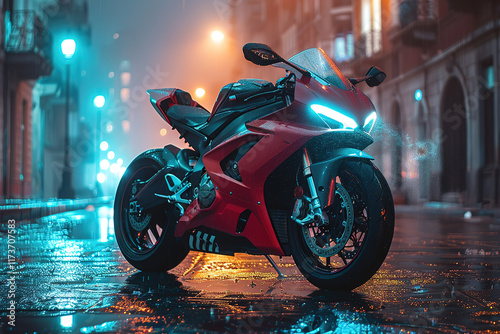Red sportbike parked on a rain-slicked city street at night.