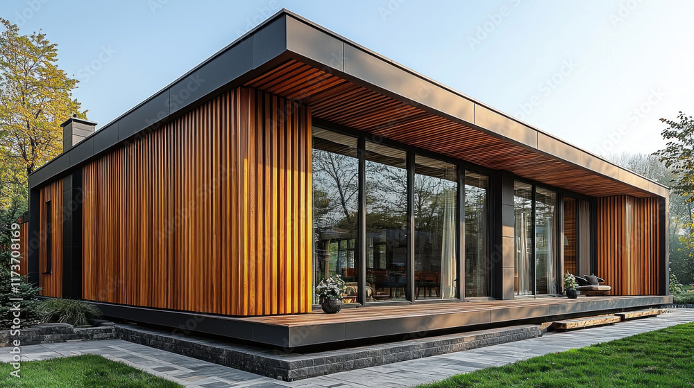 Modern wood cabin exterior with large windows, deck, and garden in tranquil forest setting Modern wood cabin exterior with large windows, deck, and garden in tranquil forest setting