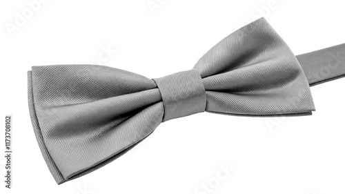 Smooth silver bow tie on a transparent background, with an elegant fabric texture.
