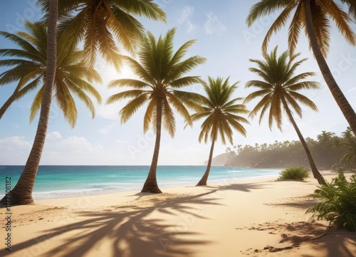 Palm trees sway gently in warm tropical breeze on sun-kissed sandy beach, beach, outdoor