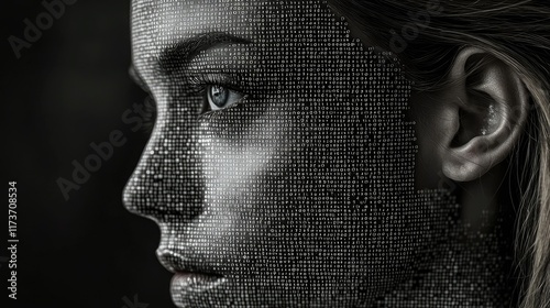 Woman's face digitally transformed into data code.