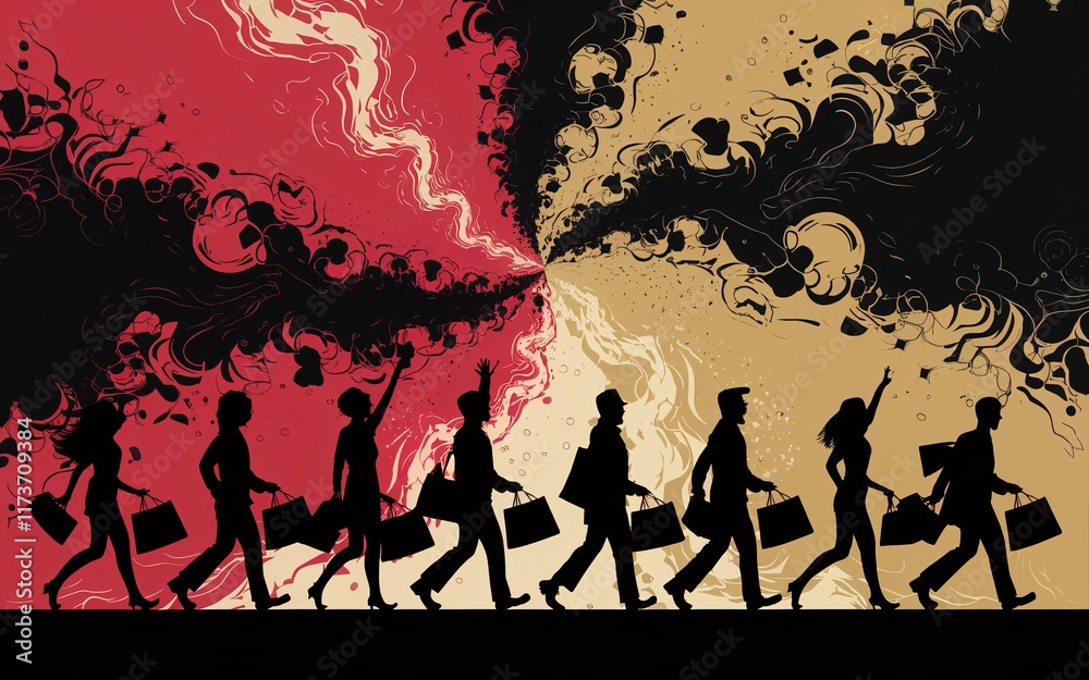 Black Friday, Shoppers walking amidst swirling conflict.