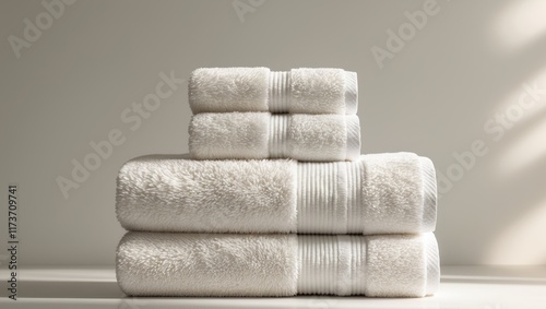 Stack of Three Soft White Bath Towels Folded Neatly Spa Like Luxury Texture photo