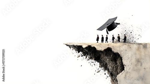 Graduation Day Uncertainty: Digital Illustration of Students Facing a Crumbling Future AI Generated