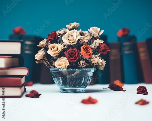 Dried roses in glass, books background. photo