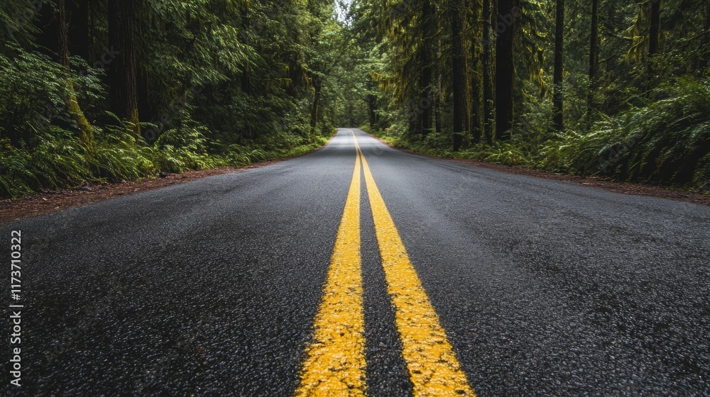Fototapeta premium Driving through lush green forest road nature landscape sunny day eye-level view