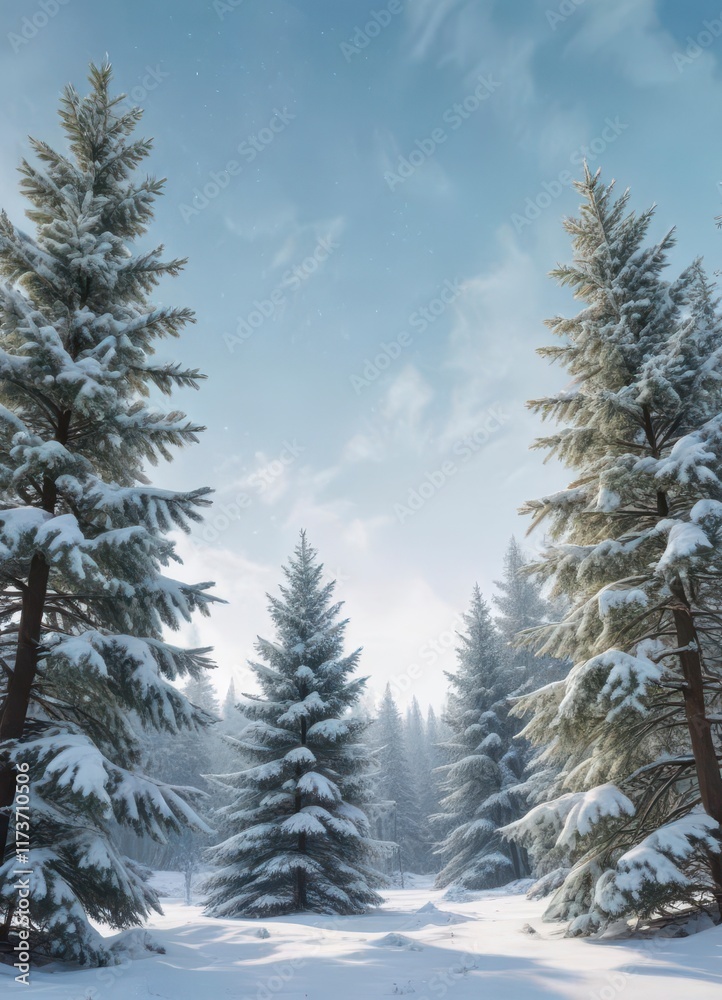 Snow-covered evergreen trees against a pale blue winter sky with snowflakes gently falling on them , winter christmas background,  cold weather