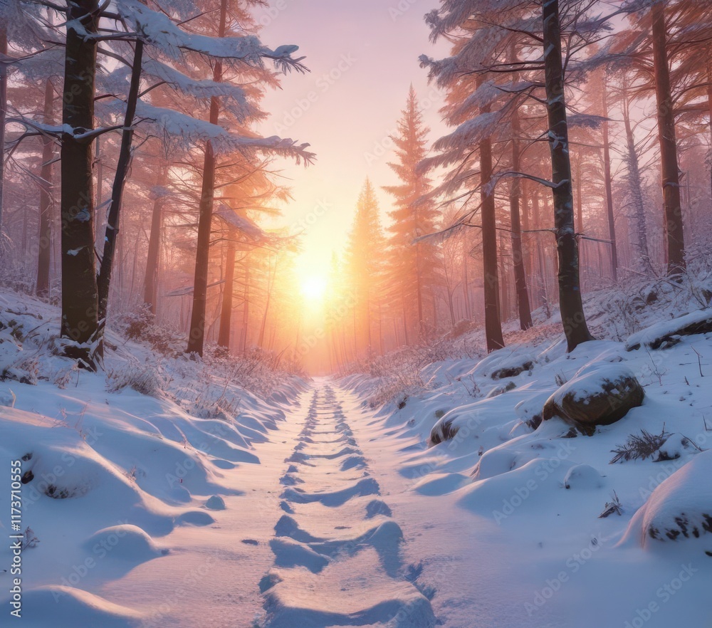 Snow covered forest path leads to vibrant sunrise, sunrise, forest Snow covered forest path leads to vibrant sunrise, sunrise, forest
