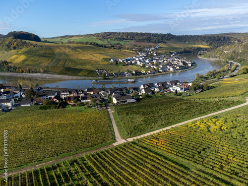 Aerial view of terraced vineyards around Nittel, Rhineland-Palatinate, Germany and views across Moselle River on vineyard hills of Luxembourg near Grevenmacher photo