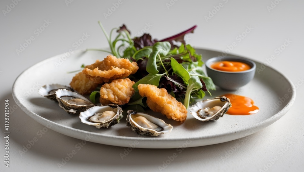 Crispy Fried Oysters on a Plate with Mixed Greens and Dipping Sauce Crispy Fried Oysters on a Plate with Mixed Greens and Dipping Sauce