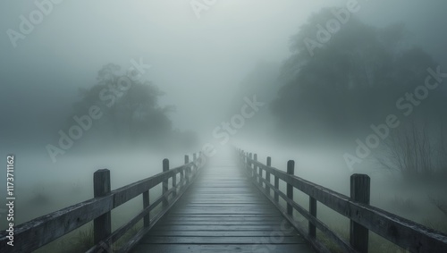 A Serene Wooden Bridge Disappearing into a Thick Layer of Fog in a Mystical Landscape Evoking a Sense of Calm and Tranquility in Nature's Embrace