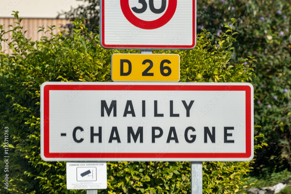 Road signes and places of destinations, Gran Cru villages, black road sign english translation: tourists route. Autumn in Champagne wine making region near Epernay, Road signes and places of destinations, Gran Cru villages, black road sign english translation: tourists route. Autumn in Champagne wine making region near Epernay,