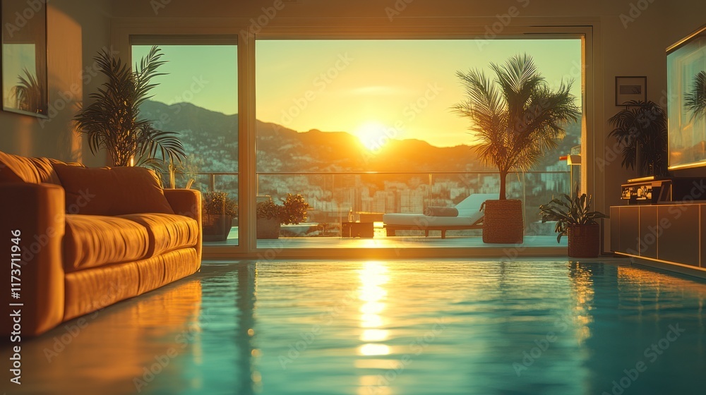 Fototapeta premium Sunset view from modern apartment with indoor pool.