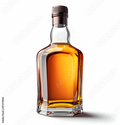 A full bottle of amber liquid in a clear, square-shaped glass bottle with a bronze cap, isolated on a white background.