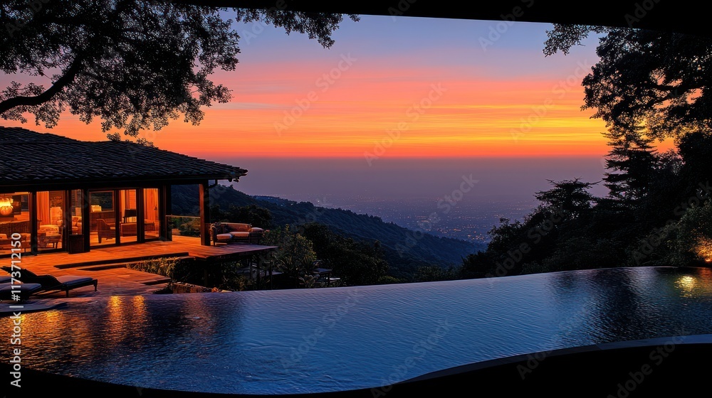 Fototapeta premium Sunset view from luxury home infinity pool.