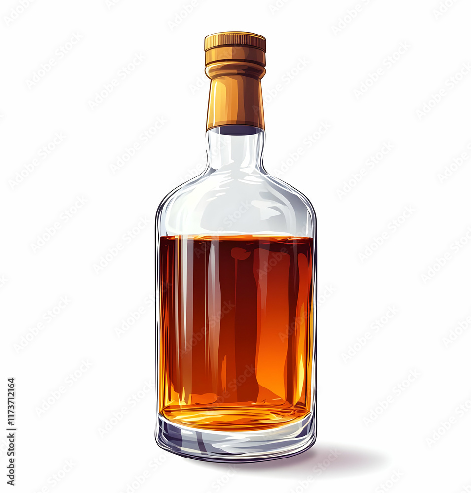 A full bottle of amber liquid in a clear glass bottle with a golden cap, isolated on a white background. A full bottle of amber liquid in a clear glass bottle with a golden cap, isolated on a white background.