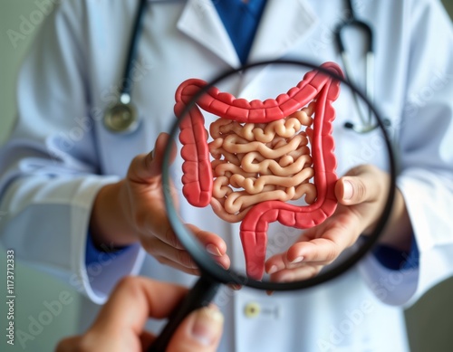 Doctor examines colon model through magnifying glass. Medical education research on colon diseases, cancer. Focus on digestive system health. Possible presentation consultation. Health care pro