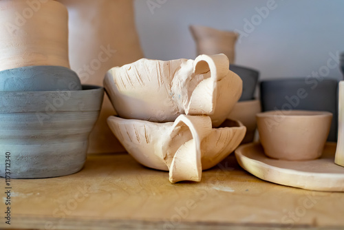 Samples of ceramic art objects and tabelware during workshop in art ceramic atelier in Poland photo