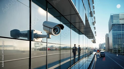 Modern Surveillance Camera Mounted on a Glass Building Overlooking a Busy Urban Street in Daylight

 photo