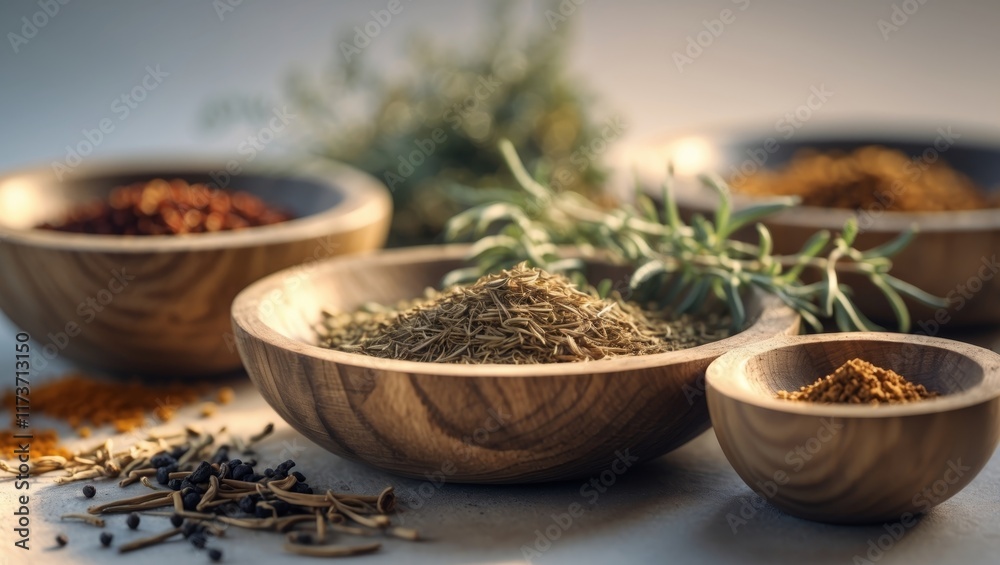 Assorted Dried Herbs and Spices in Wooden Bowls Assorted Dried Herbs and Spices in Wooden Bowls