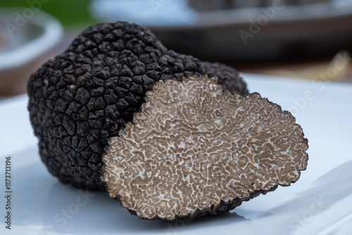 Delicious mushrooms, fresh black summer truffle mushroom in pieces for making truffle dishes with tasty aroma