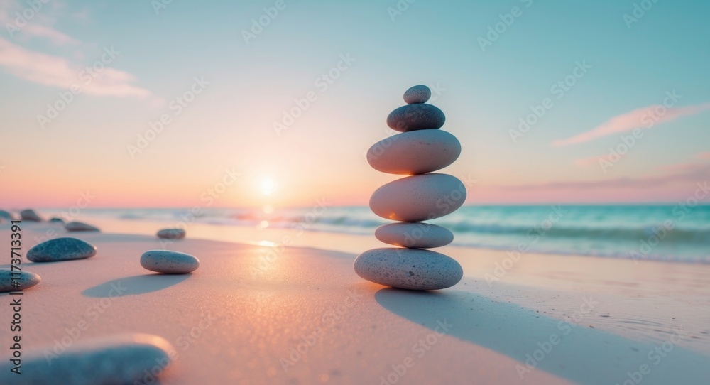 Serene sunset beach scene with balanced stones Tranquil and peaceful atmosphere Serene sunset beach scene with balanced stones Tranquil and peaceful atmosphere