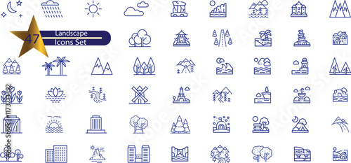 Landscape icon set. Containing mountain, forest, river, beach, desert, field, island, 
