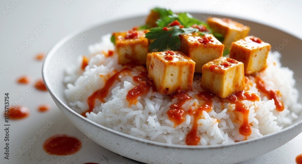 Spicy Tofu Cubes Served Over Rice With Sauce Spicy Tofu Cubes Served Over Rice With Sauce