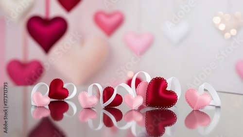 Pink ribbons and heart. Hearts with ribbons on a white background. Valentine's Day Banner. Greeting card, Valentine's Day invitation.