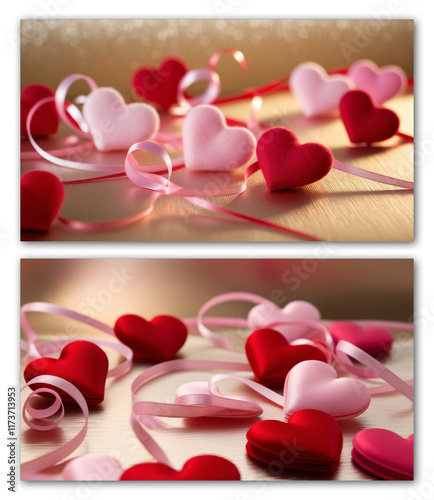 Set banners Hearts with ribbons on a golden background. Valentine's Day Banner. Greeting card, Valentine's Day invitation.