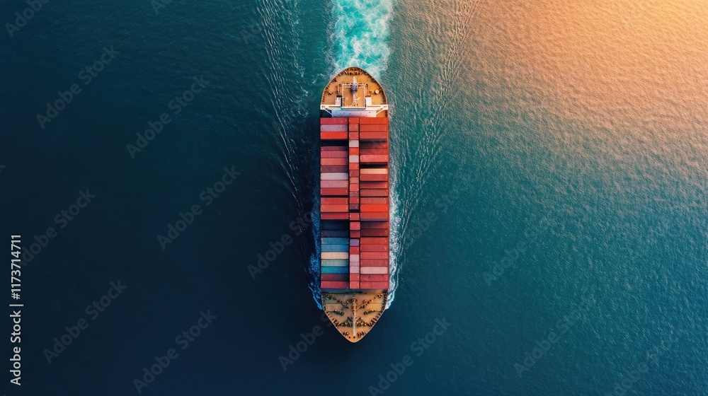 Container ship at sea with digital network links, digital trade network connection concept, global shipping industry