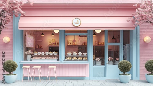 Charming Pink Bakery Shop Under Cherry Blossoms