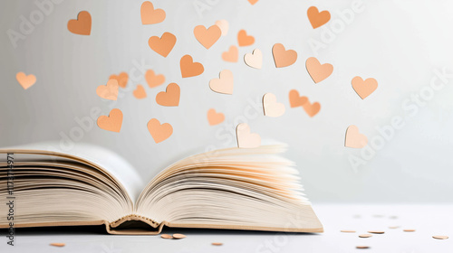 whimsical illustration of book with heart shaped confetti floating above, symbolizing love and creativity