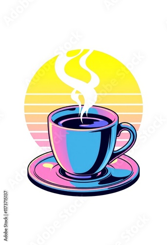 Morning Motivation, Single Cup of Coffee with Steam, Vaporwave Style, White Background, Close-Up Illustration