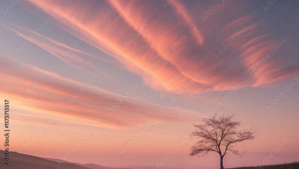 Fototapeta premium Vibrant sunset with wispy clouds over a serene landscape featuring a solitary tree and rolling hills in the foreground