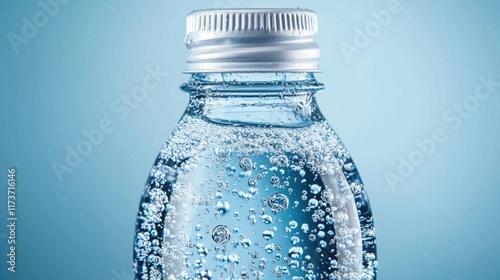 Refreshing carbonated water bottle close-up studio setting product photography light blue background focus on bubbles