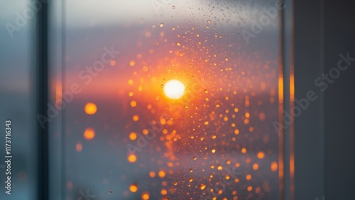 Warm orange sunset light through the wet window
