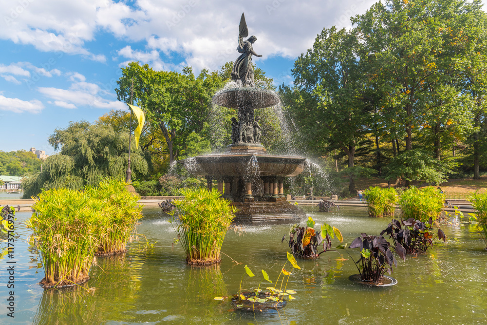 Fototapeta premium Bethesda Fountain in Central Park under a cloudy sky