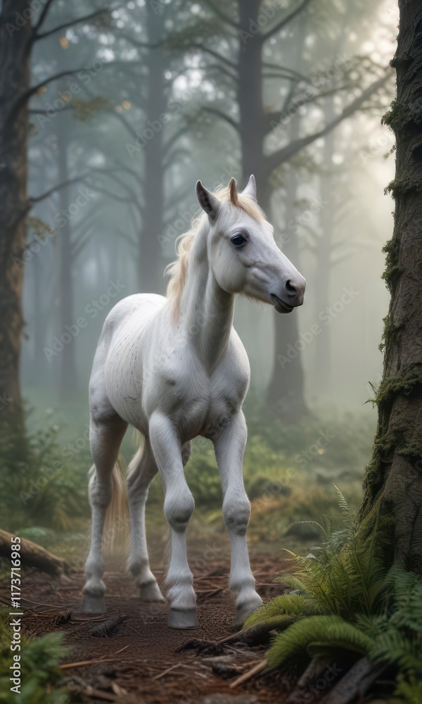 Young unicorn foal plays in misty forest clearing, magic, unicorn foal Young unicorn foal plays in misty forest clearing, magic, unicorn foal